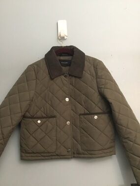 Tahari Quilted Olive Green Jacket with Corduroy Collar size XS